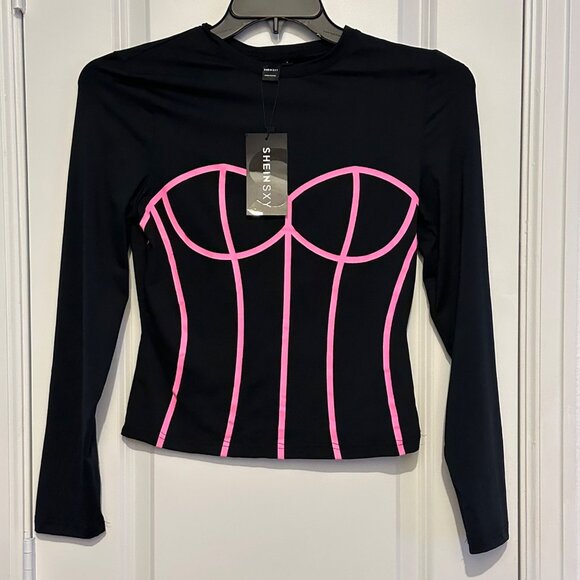 Shein Sxy Black Long-Sleeve Corset-Style Top With Pink Contrast Bustier Detail S - Picture 2 of 7